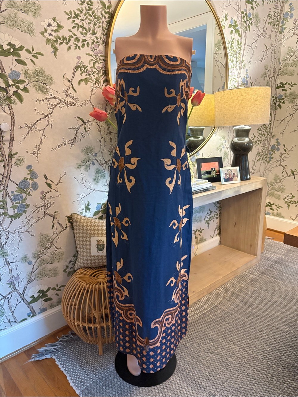 Strapless Navy Blue Maxi Dress with Tan Motif